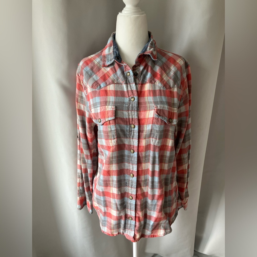 JACHS Girlfriend Blue/Grey/Red Checkered and Striped Paisley Shirt Size S